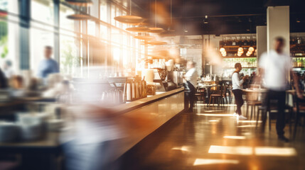 Empty wooden table space platform and blurry defocused restaurant interior, Vintage tone. 