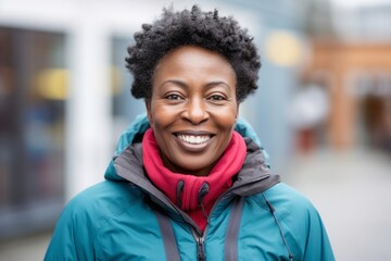 portrait of a happy Kenyan woman in her 50s wearing a warm parka against a white background