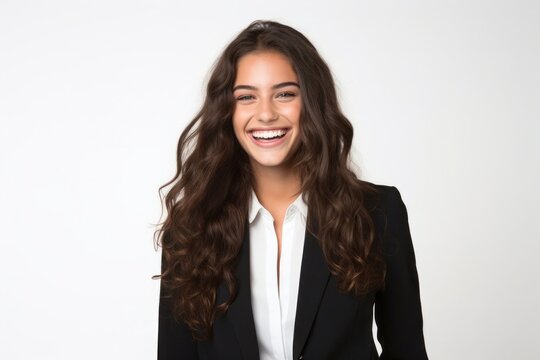 medium shot portrait of a happy Israeli woman in her 20s wearing a sleek suit against a white background