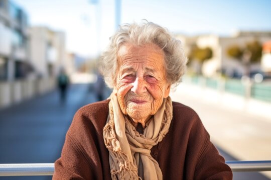 portrait of a happy 100-year-old elderly Israeli woman wearing a cozy sweater against a modern architectural background