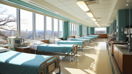 Hospital room with several beds