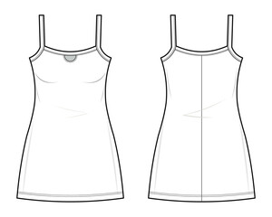 Cami Mini Dress technical fashion illustration. Basic camisole Mini Dress with cute cut-out detailing vector template illustration. front and back view. slim fit. women's. CAD mockup set.