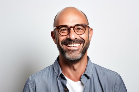 portrait of a happy Israeli man in his 40s wearing a chic cardigan against a white background