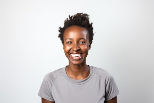 medium shot portrait of a happy Kenyan woman in her 30s wearing knee-length shorts against a white background