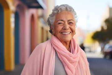 medium shot portrait of a 100-year-old elderly Mexican woman wearing a chic cardigan against a...