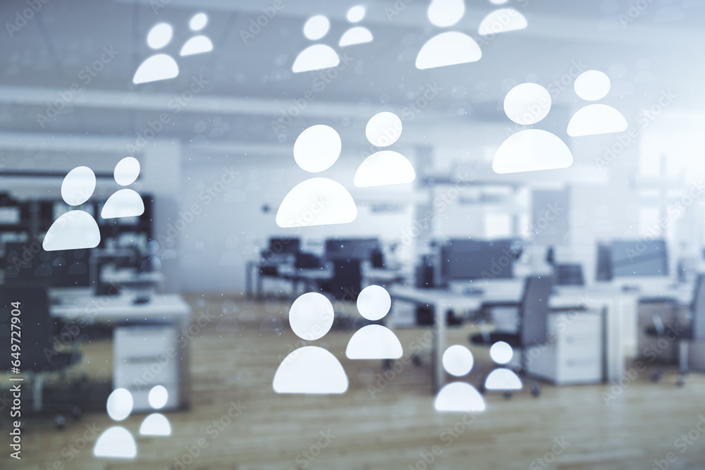 Poster Abstract virtual social network hologram on a modern furnished classroom background. Double exposure