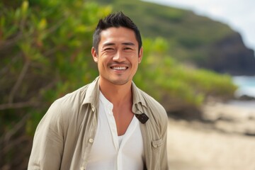 medium shot portrait of a Filipino man in his 30s wearing a chic cardigan against a beach background