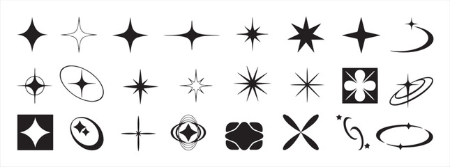 Y2k elements. Stars collection. Star burst sticker vector set. Star icon. Stars in modern simple flat style. Vector