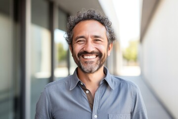Obraz premium portrait of a happy Mexican man in his 40s wearing a chic cardigan against a white background