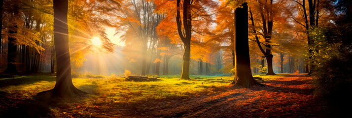 breathtaking panorama of a colorful autumn forest, with vibrant foliage and sunlight filtering through the trees. Generative Ai