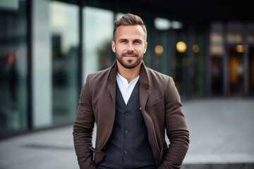 portrait of a happy Polish man in his 30s wearing a chic cardigan against a modern architectural background