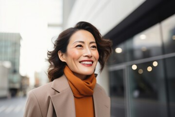 medium shot portrait of a Japanese woman in her 40s wearing a chic cardigan against a modern architectural background