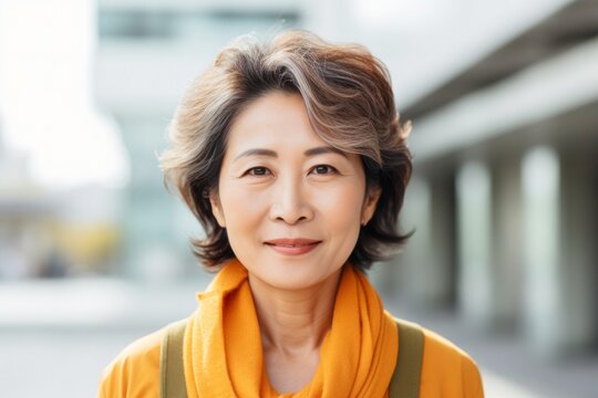 medium shot portrait of a Japanese woman in her 50s wearing a simple tunic against a modern architectural background