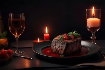 Grilled steak on the table with candle light dinner