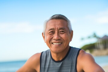 portrait of a Filipino man in his 80s wearing a sporty tank top against a beach background