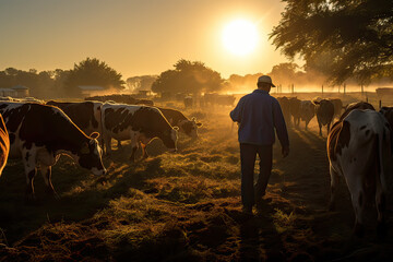 A rancher with his cows at sunset