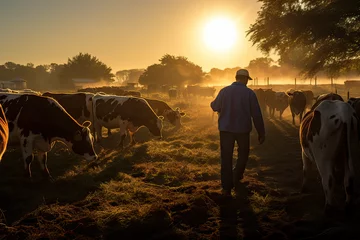 Gordijnen A rancher with his cows at sunset © Oscar