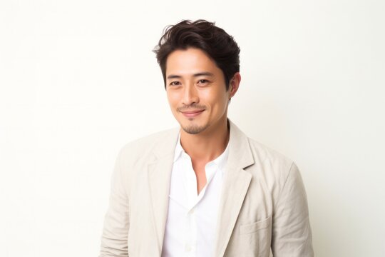 portrait of a Japanese man in his 30s wearing a chic cardigan against a white background