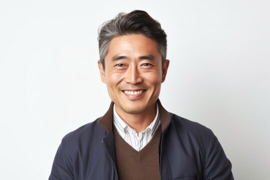 portrait of a Japanese man in his 40s wearing a chic cardigan against a white background