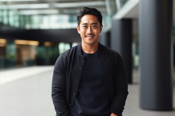 Obraz premium medium shot portrait of a confident Filipino man in his 30s wearing a chic cardigan against a modern architectural background