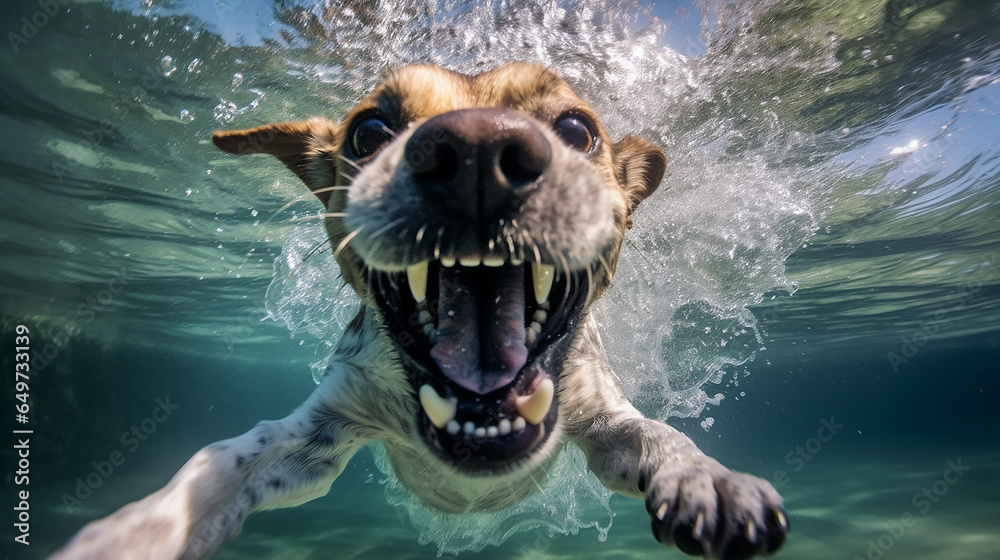 Wall mural a freediver dog dives in clear water in summer.