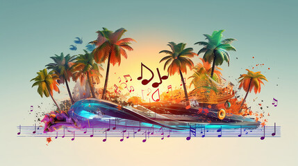 palm trees music notes background abstract summer audio concert.