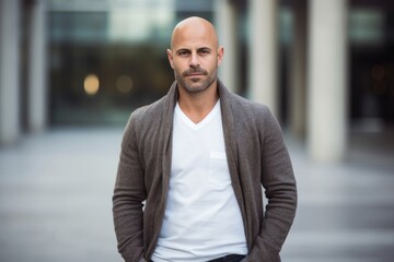 medium shot portrait of a confident Israeli man in his 40s wearing a chic cardigan against a modern architectural background