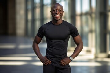 portrait of a Kenyan man in his 30s wearing a pair of leggings or tights against a modern architectural background