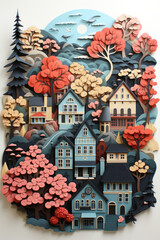 A paper cut of a house surrounded by trees. Imaginary illustration.
