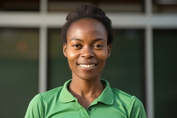 portrait of a Kenyan woman in her 30s wearing a sporty polo shirt against a modern architectural background