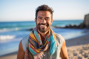 portrait of a Mexican man in his 30s wearing a foulard against a beach background