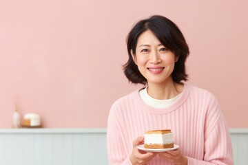 medium shot portrait of a confident Japanese woman in her 40s wearing a cozy sweater against a pastel or soft colors background