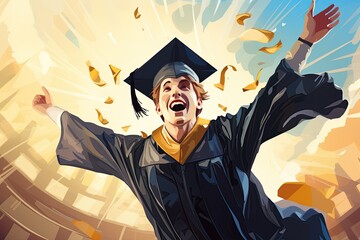 Graduation: A proud graduate in a cap and gown celebrates their academic achievement,Generated with AI - obrazy, fototapety, plakaty
