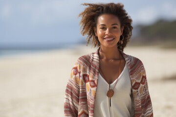 medium shot portrait of a confident Kenyan woman in her 20s wearing a chic cardigan against a beach background