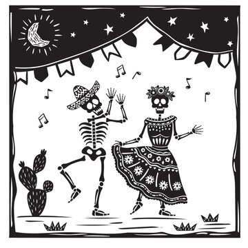 Couple of skulls dancing. Man with sombrero and woman with dress and flowers on head.for Halloween or DIA DE LOS MUERTOS. Vector woodcut or lino print style