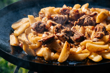 Fried meat and potatoes on a picnic. Cooking outdoors. 