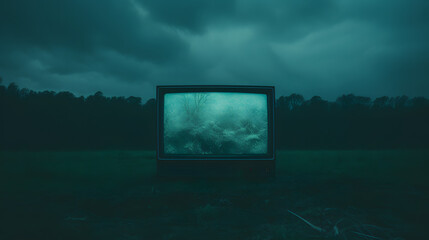 Old tv in cloudy night, surreal concept