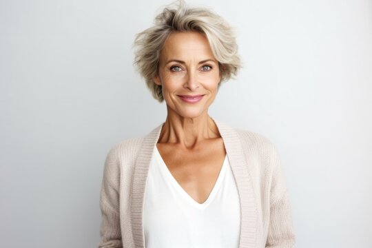 portrait of a Polish woman in her 50s wearing a chic cardigan against a white background