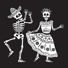 Couple of skulls dancing on the DIA DE LOS MUERTOS. Vector illustration in black and white