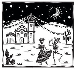Skull couple dancing in a village with church. DIA DE LOS MUERTOS celebration. Party in a night with moon and stars. Vector woodcut or lino print style