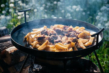 Fried meat and potatoes on a picnic. Cooking outdoors. 