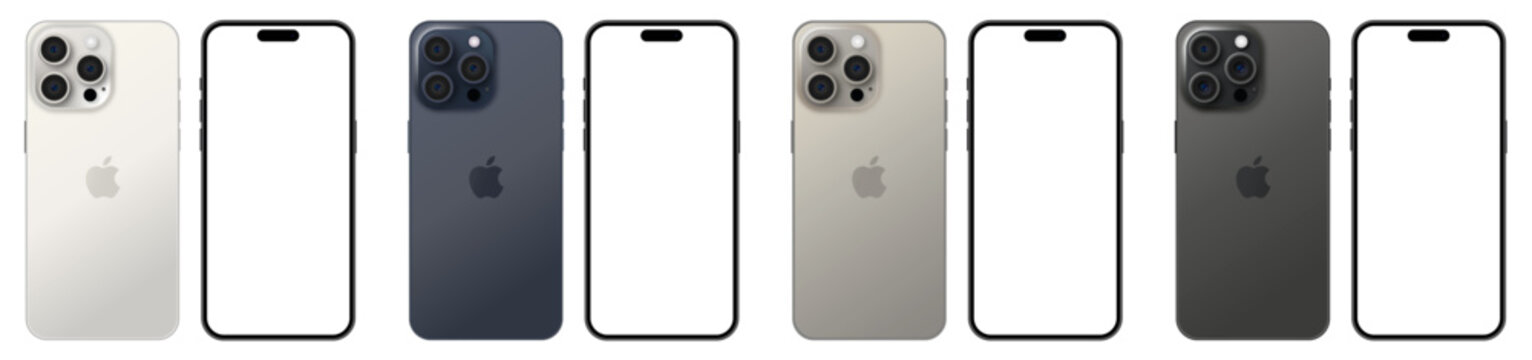 Ukraine, Vinnytsia - September 18, 2023: Set Of New Apple IPhone 15 Pro In Different Colors. Mockup Screen Front And Back View. Editorial Vector