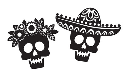 Skull couple with sombrero and flowers for Halloween or DIA DE LOS MUERTOS. Vector illustration in black and white