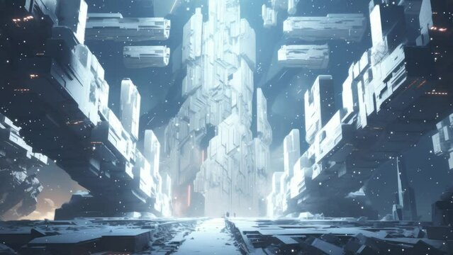 Futuristic city in snowy landscape. Game scene background