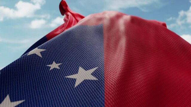 Wavy flag of Samoa blowing in the wind in slow motion. Waving official Samoan flag team symbol abstract vertical background. Blue sky with clouds. World countries flying flags concept