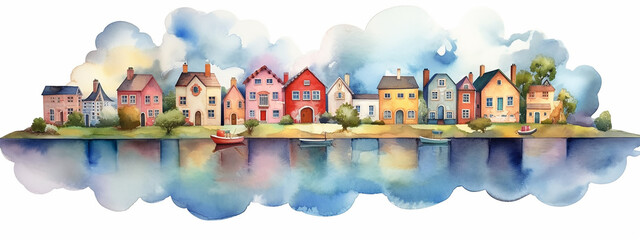 a row of multi-colored houses with a reflection of a watercolor drawing of clouds on a white background. - obrazy, fototapety, plakaty