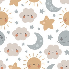 Moon, Sun, Cloud and Stars Cute Seamless Pattern, Cartoon Vector Illustration, Cute Kawaii Cartoon Drawn Background, Isolated Background - 649738568