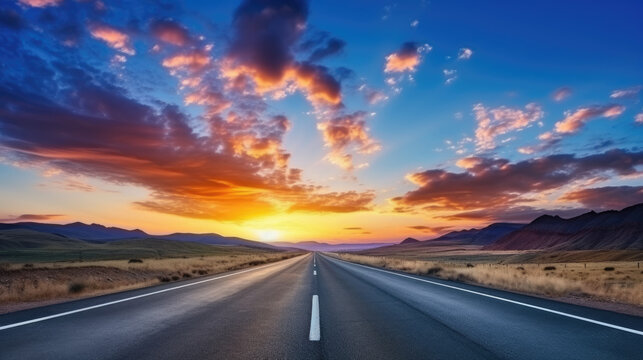 Empty asphalt road and beautiful sky at bright sunset.
