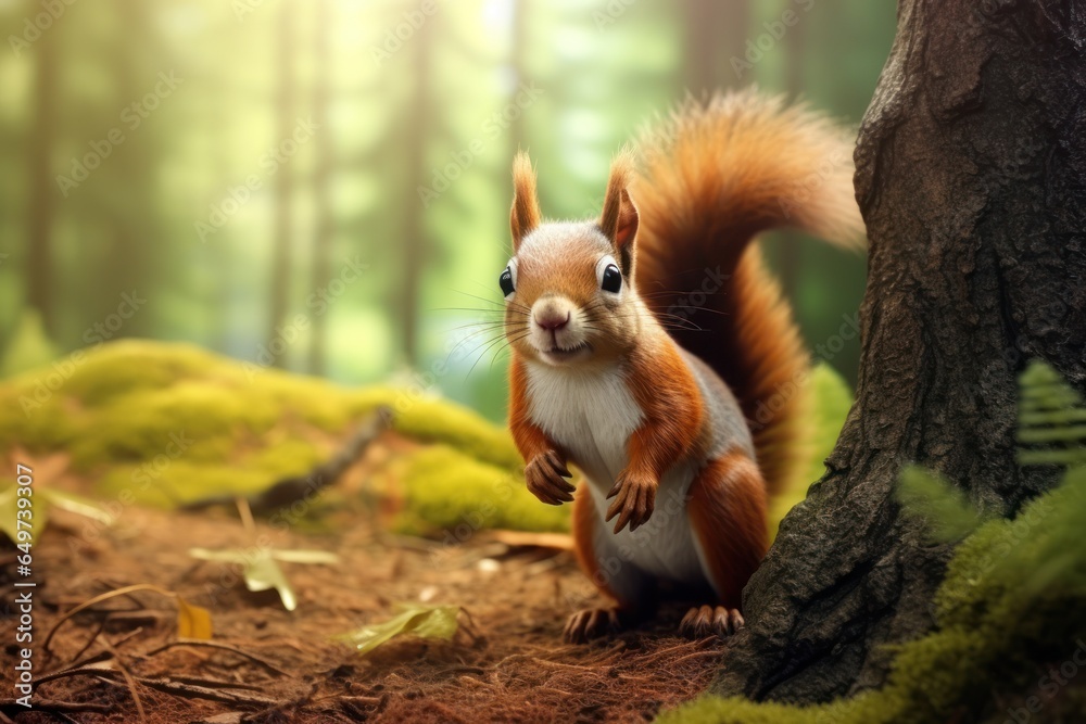 Aufkleber a squirrel is standing next to a tree in a forest. this image can be used to depict wildlife, nature