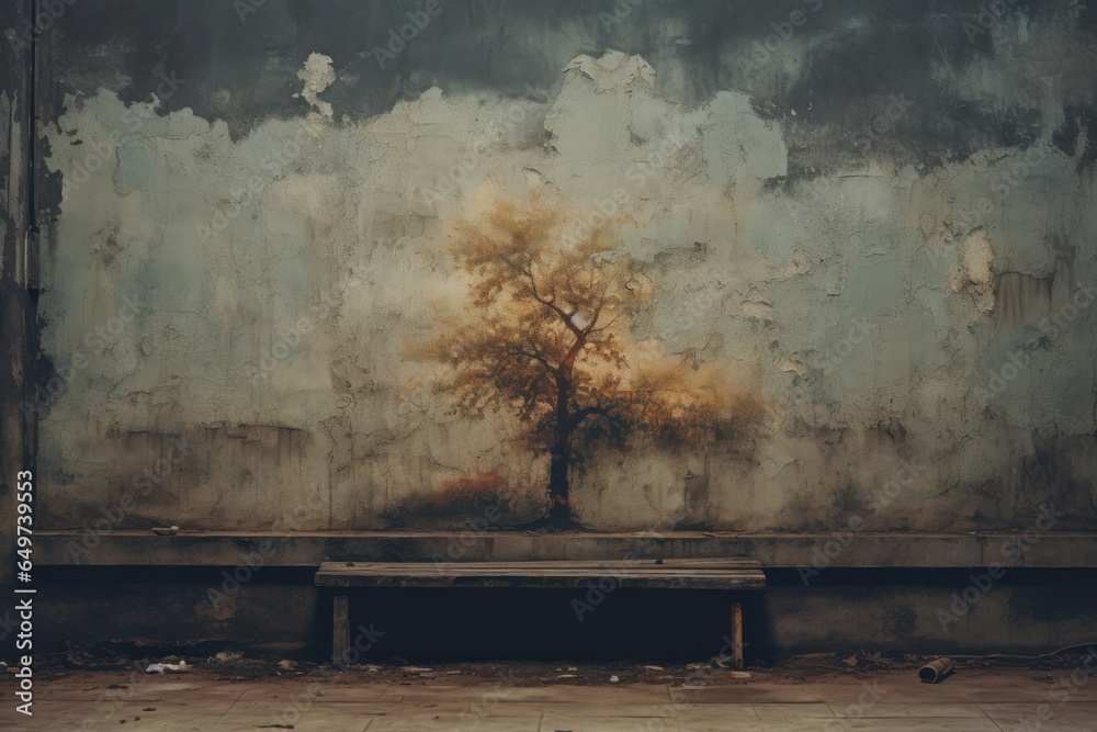 Poster A solitary tree stands on a bench, positioned in front of a wall. This image can be used to convey themes of solitude, peace, and contemplation. It can also be utilized in various design projects, suc